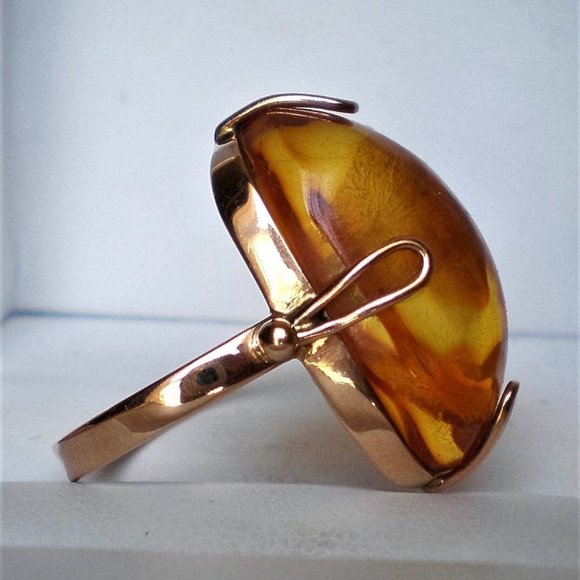 Vintage Russian Russia 14K 583 Rose Pink Gold Honey Baltic Amber Cocktail RING - Picture 3 of 9